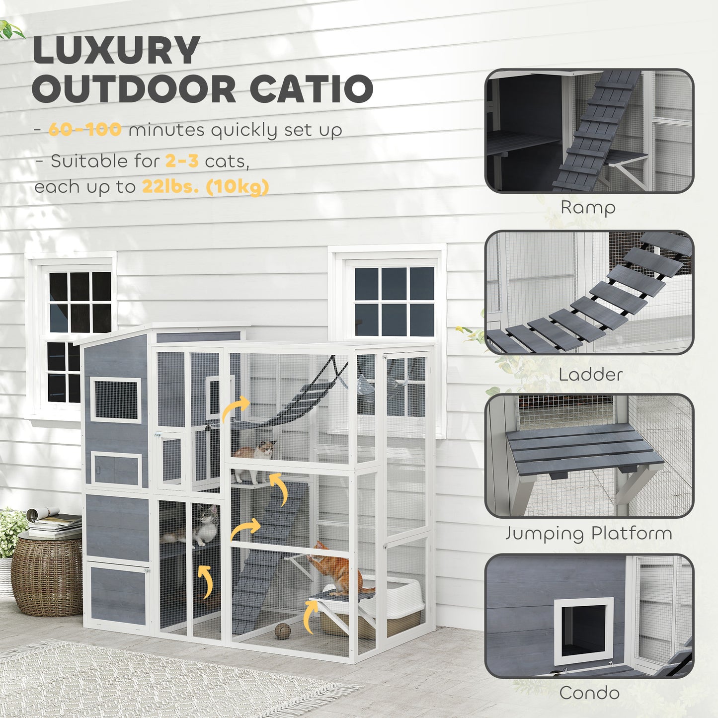 US Local Large Wooden Outdoor, Cat Enclosure W 4 Tier Resting Rooms, 3 Platforms, 1 Soft Ladder, 2 Ramps, 1 Hammock, Gray
