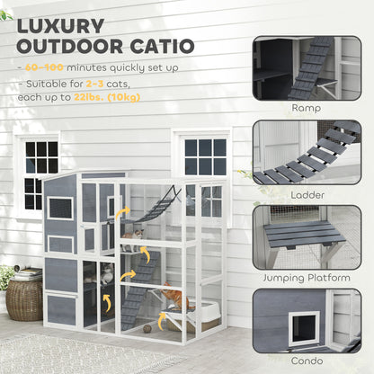 US Local Large Wooden Outdoor, Cat Enclosure W 4 Tier Resting Rooms, 3 Platforms, 1 Soft Ladder, 2 Ramps, 1 Hammock, Gray