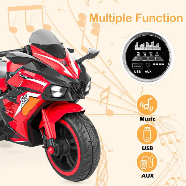 US Local Kids Powered Ride-ons Toy, Kids Motorcycle For 3-6Years, 12V Electric Ride On Motorcycle With Light Wheel & Bluetooth Music-Red