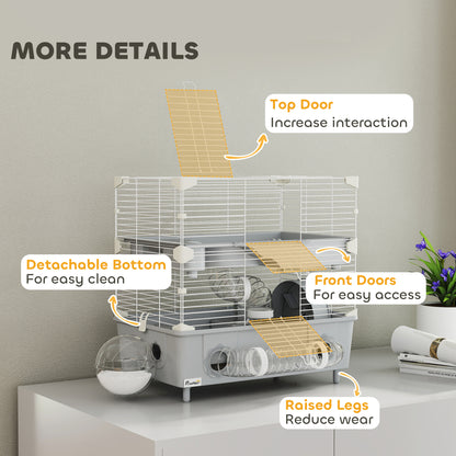 US Local 2-Tier Hamster Cage With Sand Bathroom, Running Wheel, Water Bottle, Tubes, Accessories, For Hamster, Gray