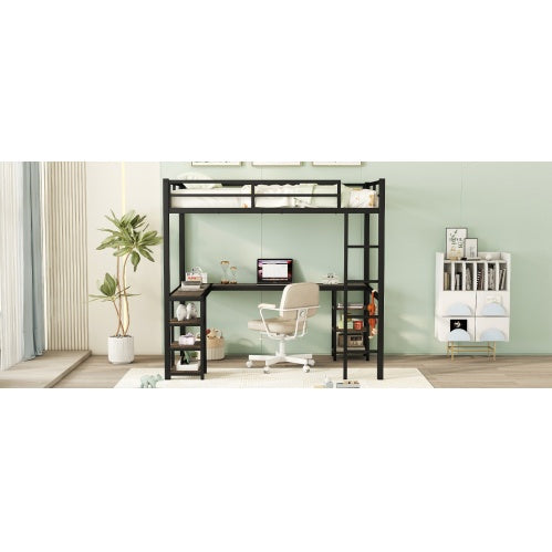 US Local Full Metal Loft Bed With Desk And Shelves, Loft Bed With Ladder And Guardrails, Loft Bed Frame For Bedroom