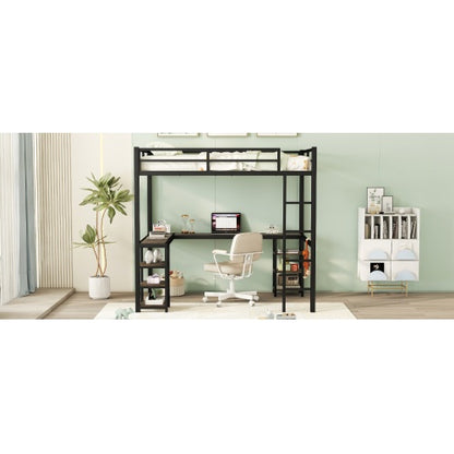 US Local Full Metal Loft Bed With Desk And Shelves, Loft Bed With Ladder And Guardrails, Loft Bed Frame For Bedroom