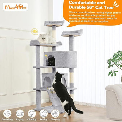 US Local Made4Pets 56-inch Pet Cat Tree For Indoor Cats Multi-Level Cat Tree With 2 Apartments Cat Activity Center With Scratching Posts And Toys Light Gray
