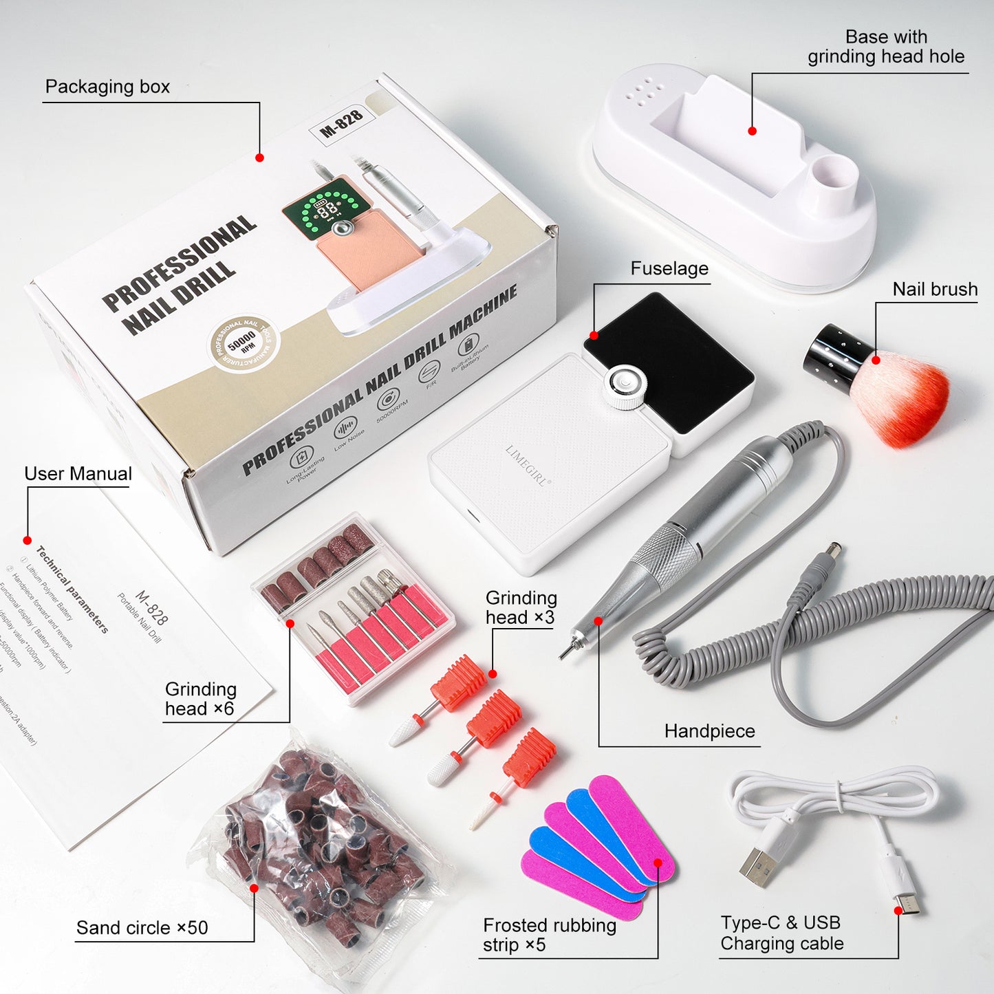 US Local Nail Drill, Portable Electric Nail File 50000RPM, Rechargeable Nail Drill Professional With Bits & Base, For Acrylic Gel Nails, E-File Machine, Manicure Polishing, For Salon Home