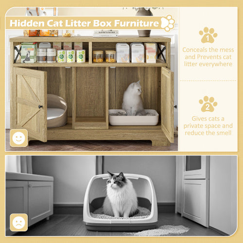 US Local GO Cat Litter Box Enclosure For 2 Cats, Double Hidden Litter Box Furniture Cat Washroom, Farmhouse Indoor Cat House End Table, Brown