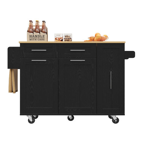 UK Local Modern Kitchen Island, Kitchen Cabinet, Buffet Cabinet, Dining Cart With Wood Grain, Dining Table With Storage Space, Dining Cart With Snack Shelves And Stretch Function Cabinets, Black