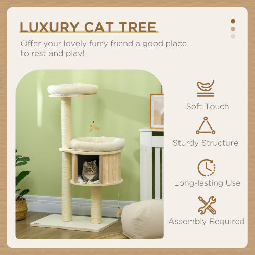 US Local PawHut 3 Level Cat Tree With Sisal Scratching Posts  Cat Badminton Toy For Playing  Soft Cushions  Play Areas