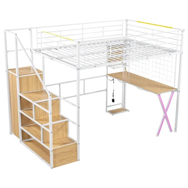 US Local Full Size Metal Loft Bed With Built-in Work Station, Wardrobe, Storage Staircase And LED, White