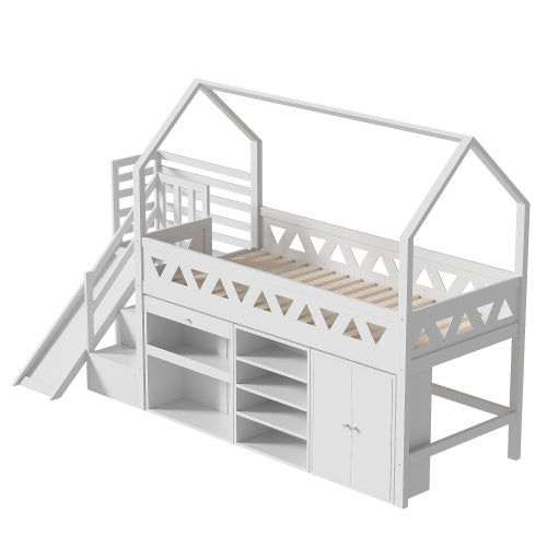 UK Local Children's Single Bed With Slide & Stairs - Multifunctional Solid Wood Bed Frame With Storage Drawers, Magnetic Locker Door - White  90x190cm, No Mattress Included, UK Single Size