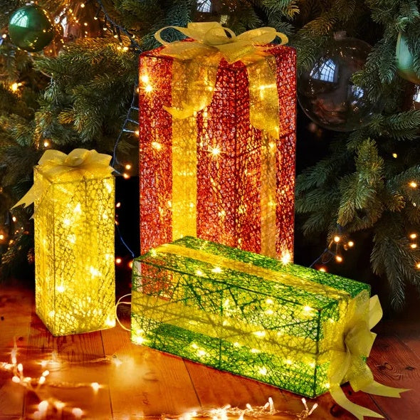 US Local VINGLI Lighted Gift Boxes Set Of 3, Pre-lit Nestable Present Boxes Ornament With 90 LED Warm White Lights And Stakes For Christmas Outdoor Indoor Decorations Lighted Holiday Displays
