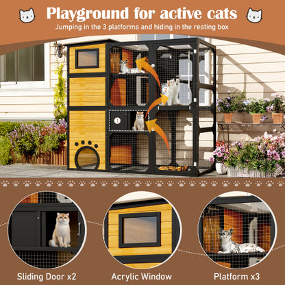 US Local GO Large Cat Catio 4 Tiers Cat Enclosure For Outdoor, Cat House Weatherproof Attached To Window For Multiple Cats With Platforms And Resting Rooms, Brown