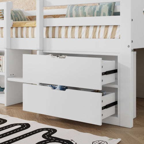 UK Local Wooden Bed, Storage Bed , Children S Bed, 3ft Single Bed 90x190cm, Safety Guardrail, Two Drawers With Slides, Two Storage Compartments, Pine Wood  Particle Board, White