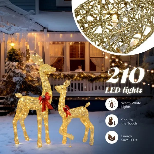 2-Piece Lighted Christmas Deer Family, Outdoor Yard Decoration Set With 210 LEDs Warm White Light, Gold