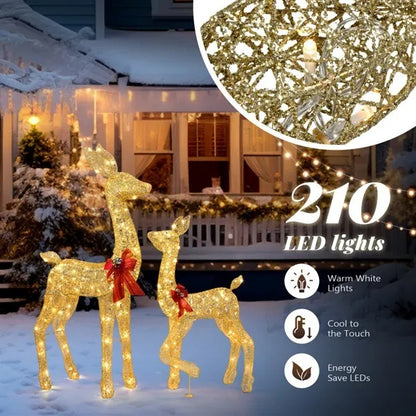2-Piece Lighted Christmas Deer Family, Outdoor Yard Decoration Set With 210 LEDs Warm White Light, Gold