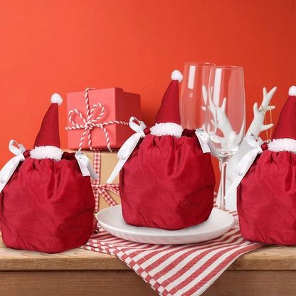 US Local 5Pcs Christmas Drawstring Bags Christmas Hat Design Flannel Gift Wrapping Bag Small Goodie Candy Snack Bag Party Favor Treat Pouch Bags For Holiday Birthday Xmas New Year Wedding Party Supplies