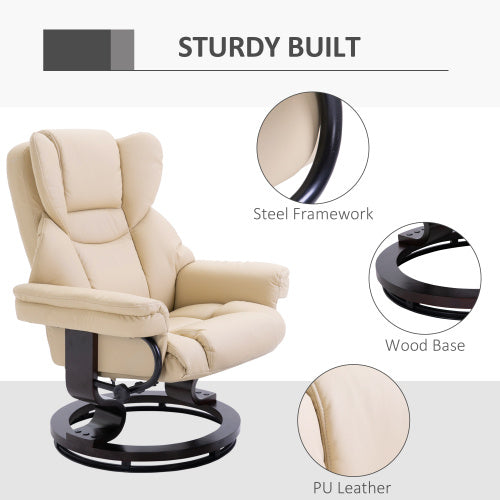 UK Local HOMCOM 360 Swivel Recliner Chair With Footstool, PU Leather Manual Recliner Armchair With Solid Wood Base, Upholstered Reclining Chair For Living Room, Bedroom, Office, Cream