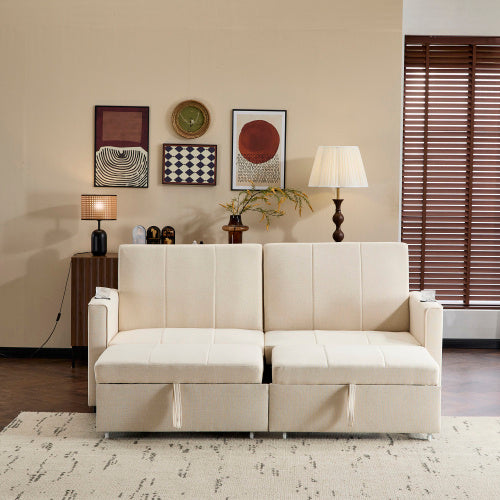 UK Local 207cm King Size Independent Pull Out Sofa Bed, Convertible Fabric Sofa Chair With Cup Holders, Side Pockets, Fabric Loveseat Couch Chaise Lounge For Living Room, Apartment