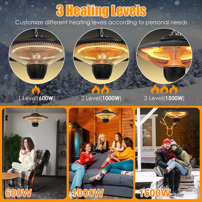 US Local 1500W Outdoor Patio Heater Electric Hanging Heated Ceiling Mounted Heating Lamp IP23 Waterproof With 3 Heating Levels 30Mins 60Mins Timer 2 Remote Control For Garage Balcony Courtyard
