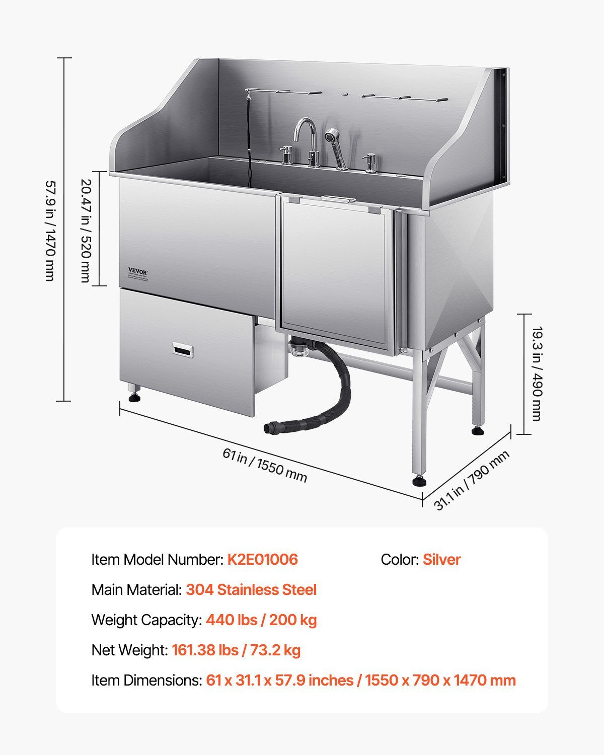US Local 61 Inch Dog Grooming Bath Tub Stainless Steel W Ramp Water Filter