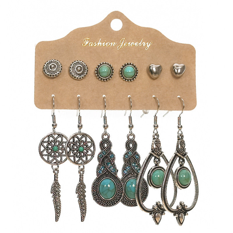 Slimming Cross-border Earrings Suit Combination Bohemian Ethnic Exquisite Water Drop Leaves Lovely Electroplated Beaded Earrings