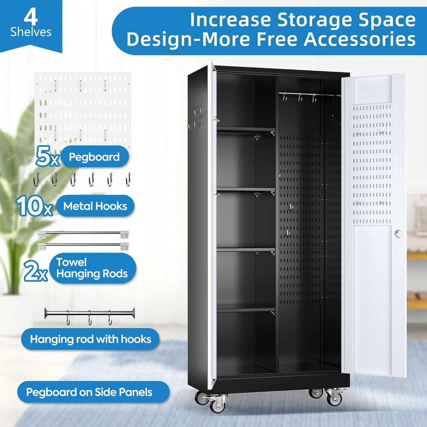 US Local Broom Closet Storage Cabinet, Metal Cabinets With 13 Hooks And Hanging Rods, Metal Storage Cabinet, Heavy Duty Cleaning Cabinet For Garage, Laundry Room