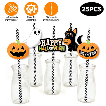 US Local Set Of 25Pcs Halloween Party Striped Decorative Straws Disposable Drinking Straws Paper Straw Decor Happy Halloween Ghost Lantern Black Cat Halloween Party Supplies