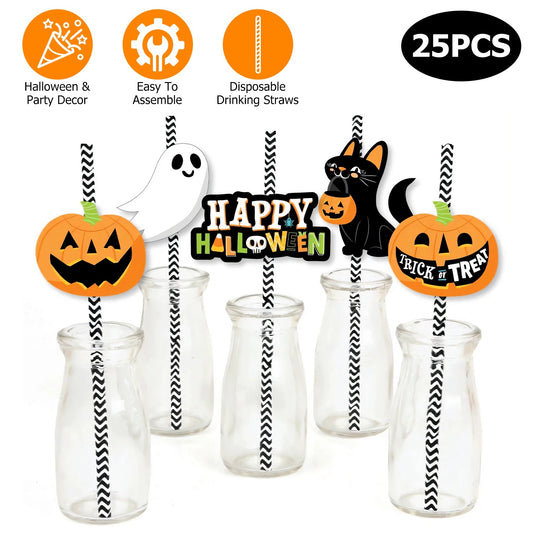US Local Set Of 25Pcs Halloween Party Striped Decorative Straws Disposable Drinking Straws Paper Straw Decor Happy Halloween Ghost Lantern Black Cat Halloween Party Supplies