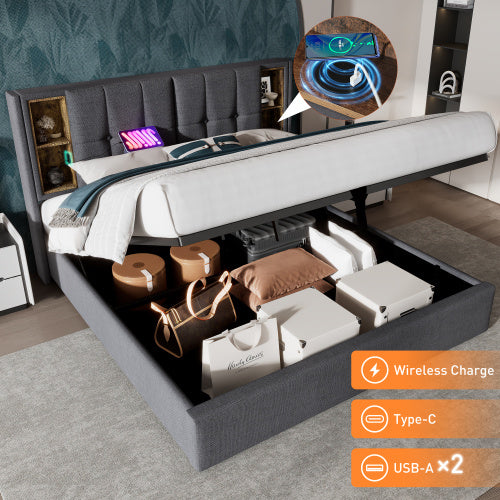 UK Local Upholstered Double Bed 150 X 200cm With Wireless Charging USB Tyep-C, Hydraulic Storage Bed With Hydraulic Lever, Linen Fabric 5FT King Size Bed Frame With Large Storage Space,Grey No Mattress