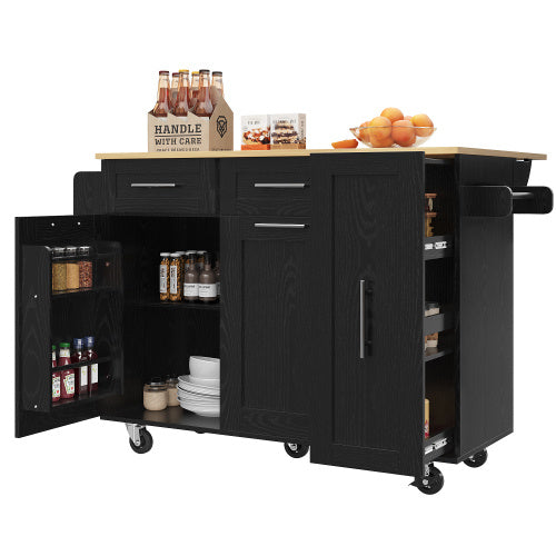 UK Local Modern Kitchen Island, Kitchen Cabinet, Buffet Cabinet, Dining Cart With Wood Grain, Dining Table With Storage Space, Dining Cart With Snack Shelves And Stretch Function Cabinets, Black