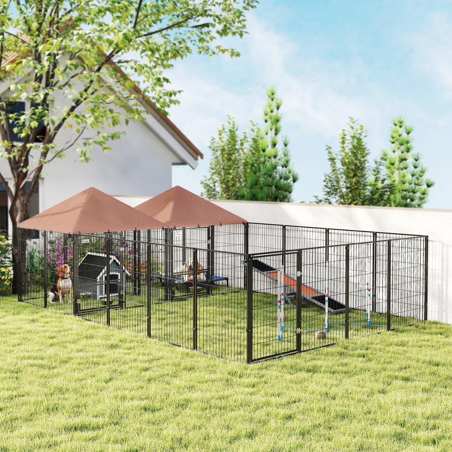 US Local Large Outdoor Dog Kennel With 2 Rooms, Rotating & Adjustable Height Bowls, 13.5 X 9.4 X 5.1