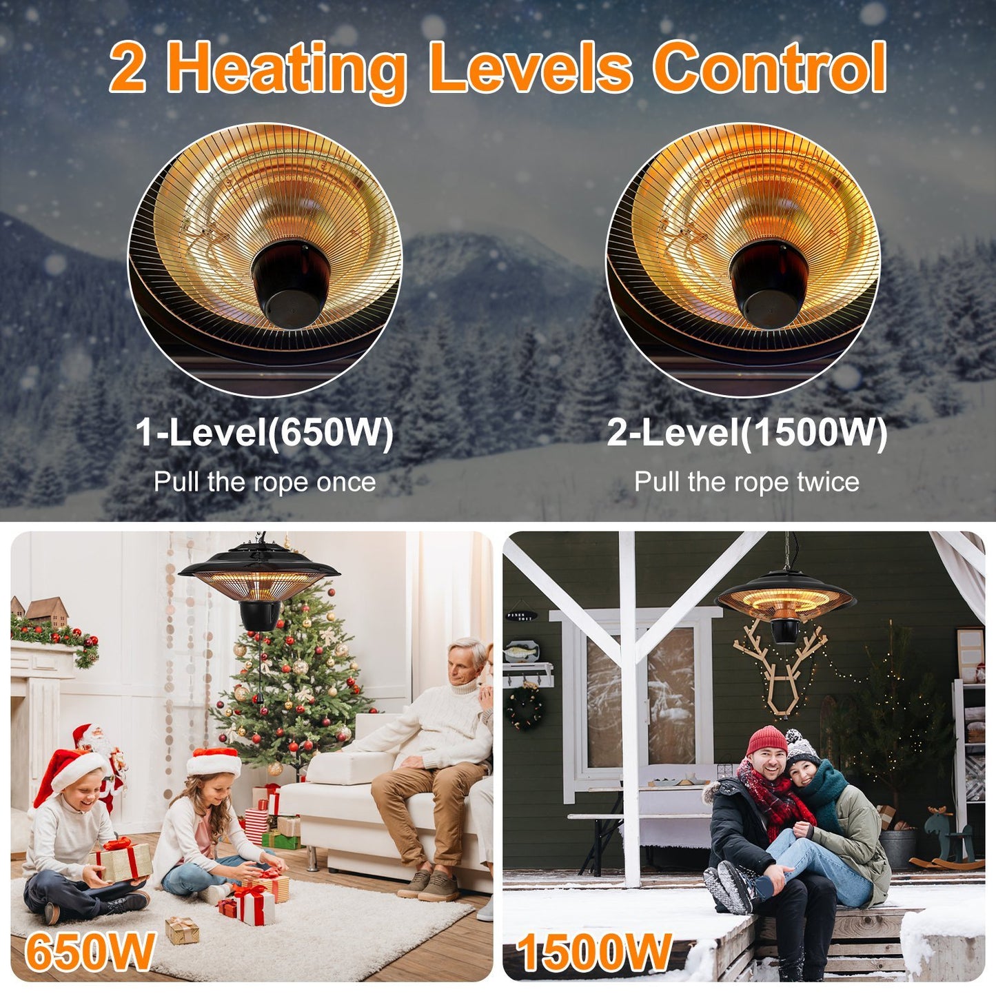 US Local 1Pc 1500W Outdoor Hanging Patio Heater Ultra-Quiet Electric Heating Lamp IP23 Waterproof 2 Heating Levels Overheating Protection Ceiling Mounted Outdoor Heater