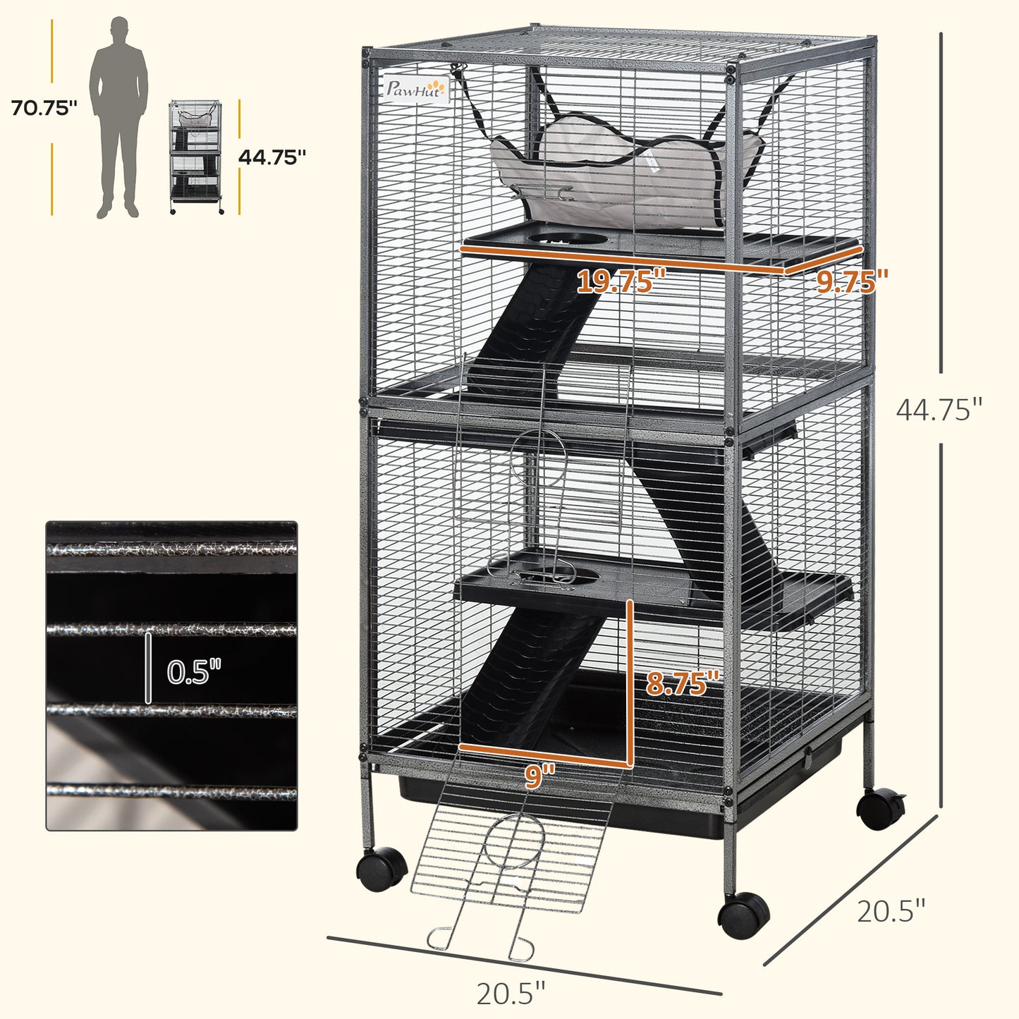 US Local Large Metal 4 Tiers Small Animal Cage With Hammock, Removable Tray, Extra Space For Ferrets Chinchillas, Gray