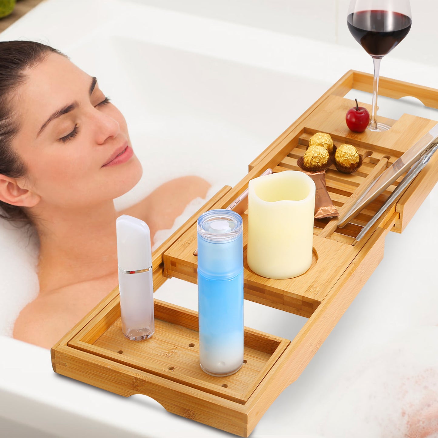 US Local 1Pc Bathtub Caddy Tray Crafted Bamboo Bath Tray Table Extendable Reading Rack Tablet Phone Holder Wine Glass Holder Shelf Desk Bathroom Spa