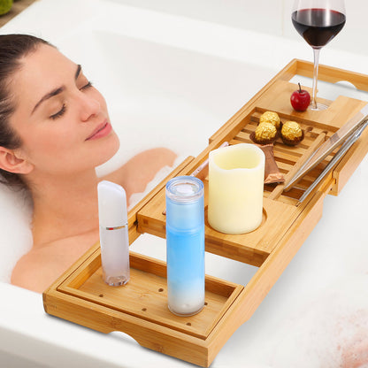 US Local 1Pc Bathtub Caddy Tray Crafted Bamboo Bath Tray Table Extendable Reading Rack Tablet Phone Holder Wine Glass Holder Shelf Desk Bathroom Spa