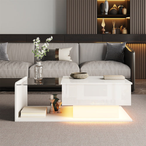 UK Local Coffee Table, High-Gloss White, Side Table, Coffee Table With Glass And LED Effect, With Glass Top
