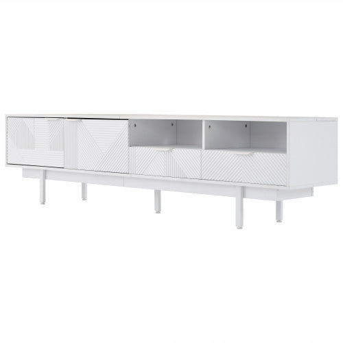 UK Local Modern Bohemian TV Cabinet, White Geometric Lines TV Stand, TV Entertainment Center With Storage Space, 200X40X51 Cm, Modern TV Stand For 90 Inch TVs, Console Media Cabinet For Living Room