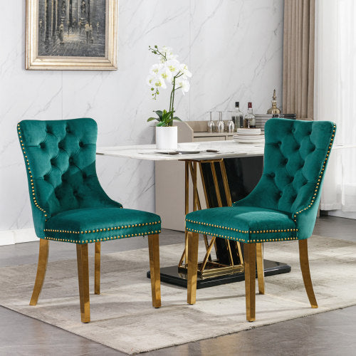 US Local High-end Tufted Solid Wood Contemporary Velvet Upholstered Dining Chair With Golden Stainless Steel Plating Legs,Nailhead Trim,Set Of 2