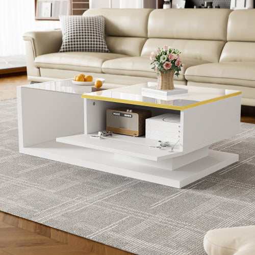 UK Local 90 Cm Long Coffee Table, High-Gloss White. Side Tables, Coffee Tables With Glass And LED Effect