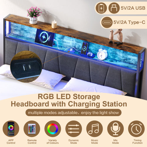UK Local 4ft6 Double Bed Frame With 2 Storage Drawers, RGB LED Storage Headboard With Charging Station, Metal Platform Bed Frame, No Box Spring Needed, Easy Assembly, Black Walnut No Mattress