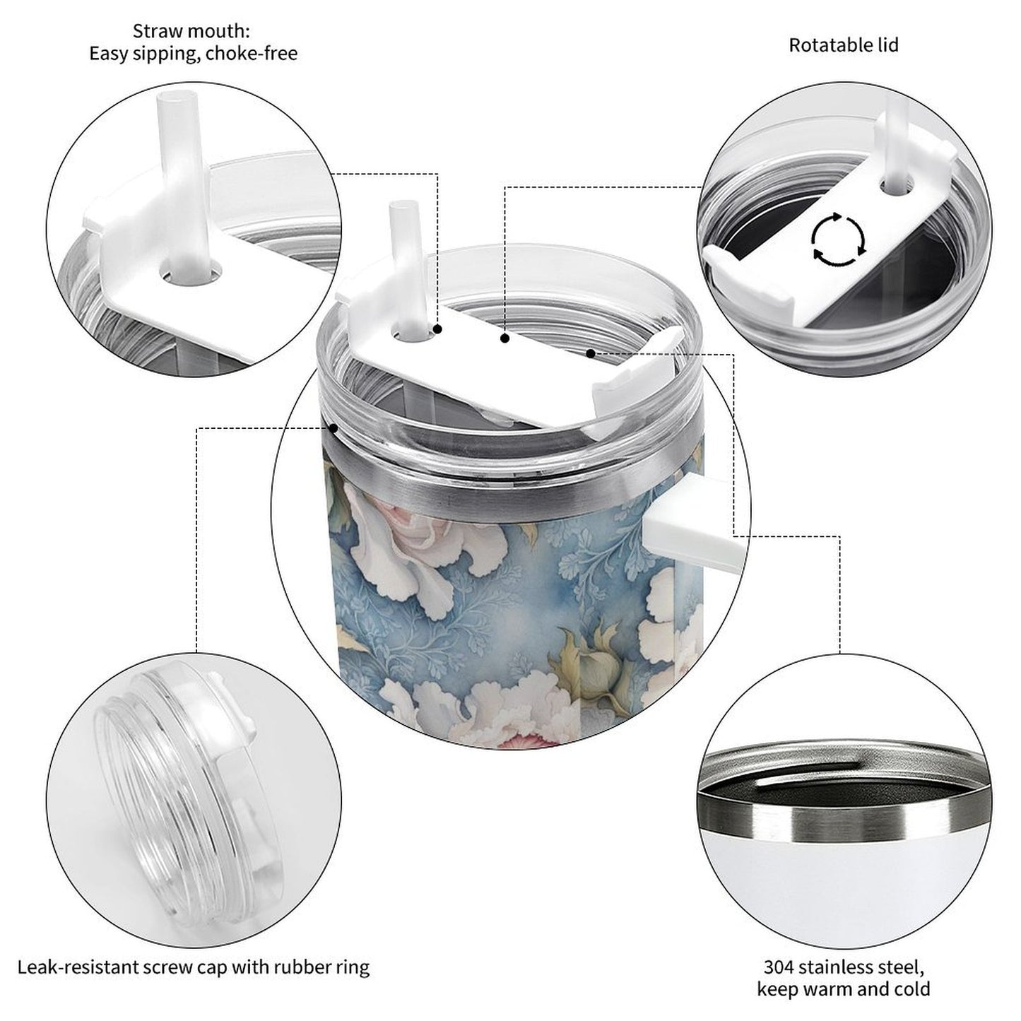 PHDT00141 POD US Local Tumbler 40 oz Large Capacity Car Cup Peony, White Blue