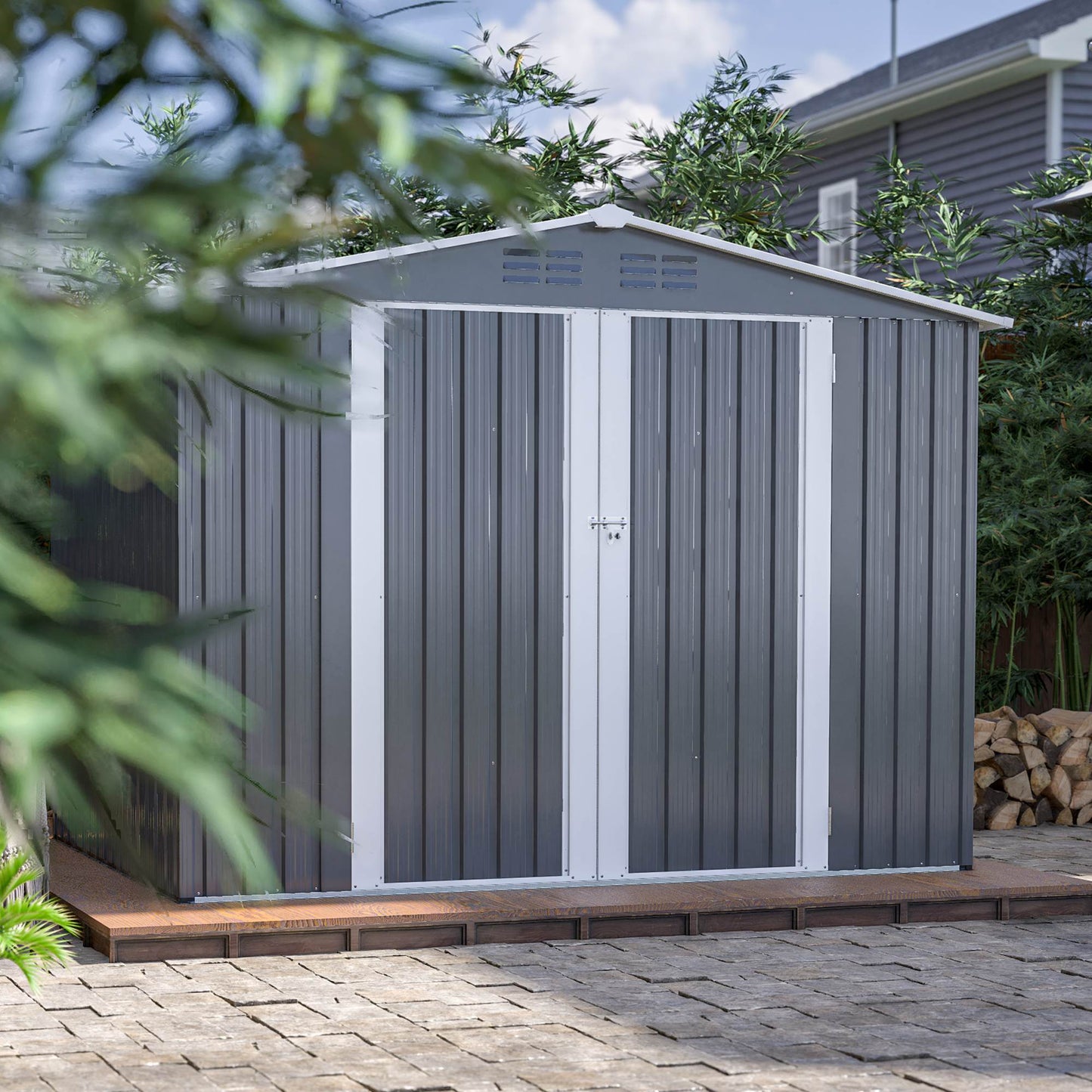 8 X 6 FT Outdoor Waterproof Garden Tool Storage Sheds With Metal Foundation With Floor Frame, Tool Shed With Lockable Hinged Doors & Air Vents, Storage House Waterproof For Backyard, Lawn, Gray