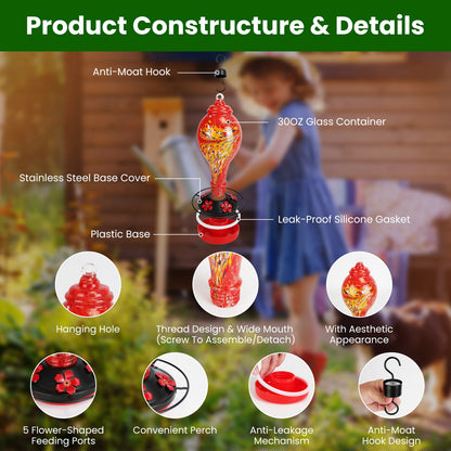 US Local 1Pc Glass Hummingbird Feeder 33OZ Hand Blown Hummingbird Feeder With 5 Flower Feeding Port Perch Ant Moat Hanging Hook S Hook Hemp Rope Cleaning Brush For Garden Decor