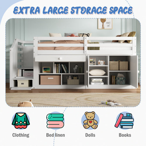 UK Local Multifunctional Wooden Children's Bed With Stairs And Storage Space, Stairs  Cabinets Interchangeable On The Left And Right, Drawers Reversible And Usable As A Desk, Without Mattress, 90x190, White