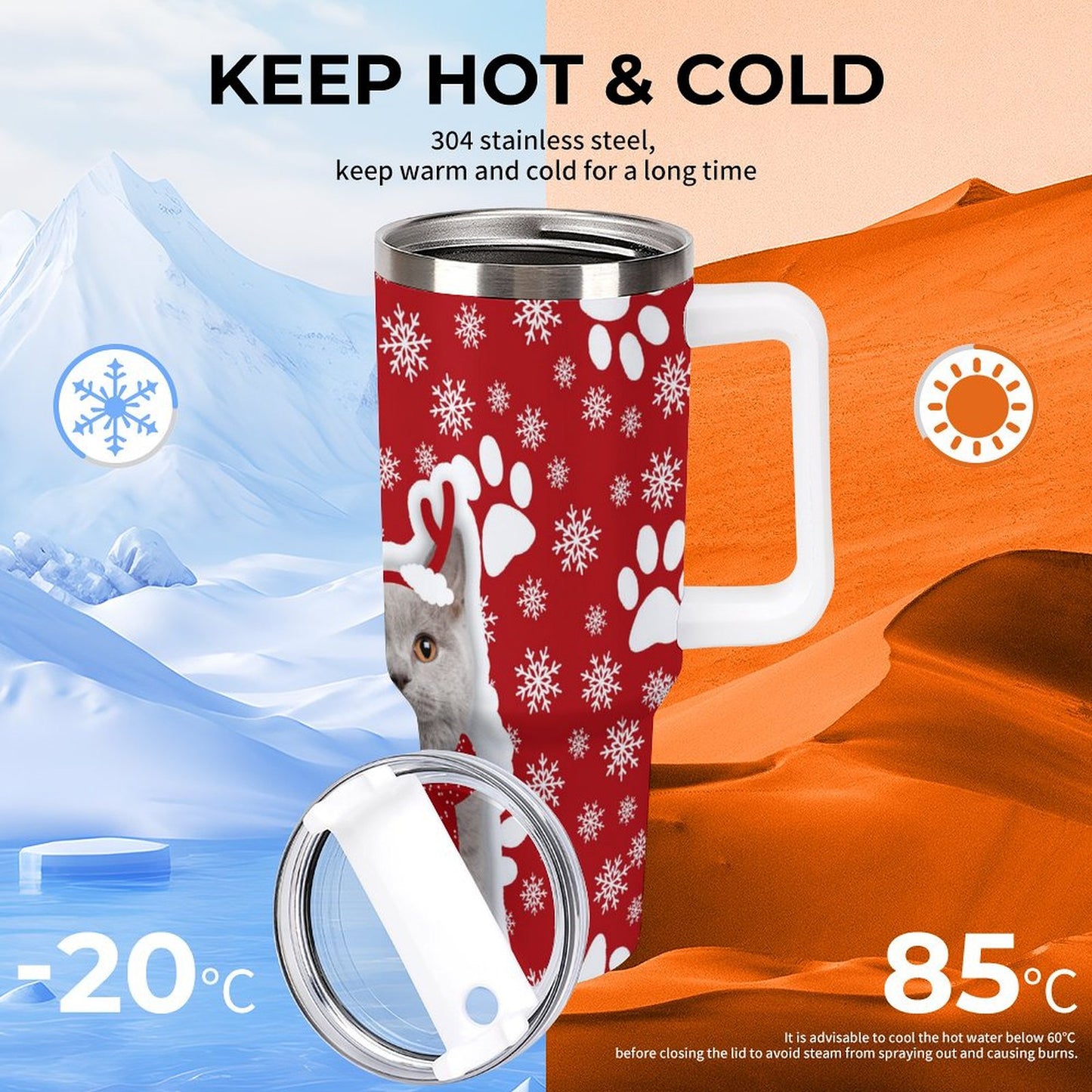 POD US Local 40oz Large Capacity Car Cup Christmas Snowflakes Cats Dogs Paws Red Pussy