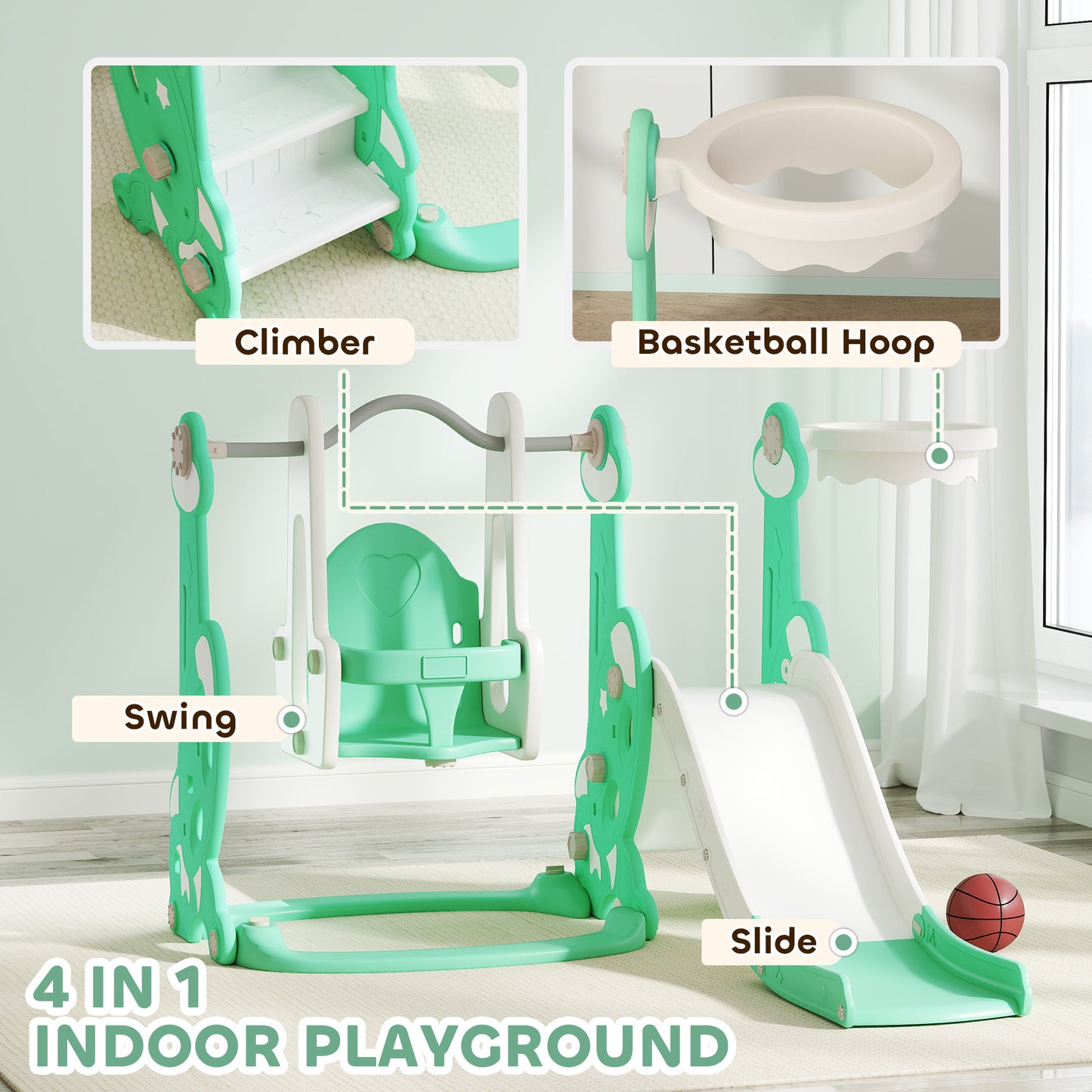 US Local 4 In 1 Toddler Slide And Swing Set For Ages 1.5-4, Toddler Playset Playground With Climber, Basketball Hoop, Green