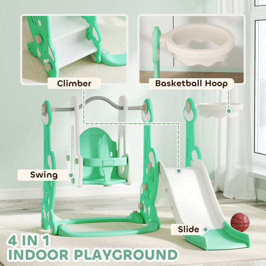 US Local 4 In 1 Toddler Slide And Swing Set For Ages 1.5-4, Toddler Playset Playground With Climber, Basketball Hoop, Green