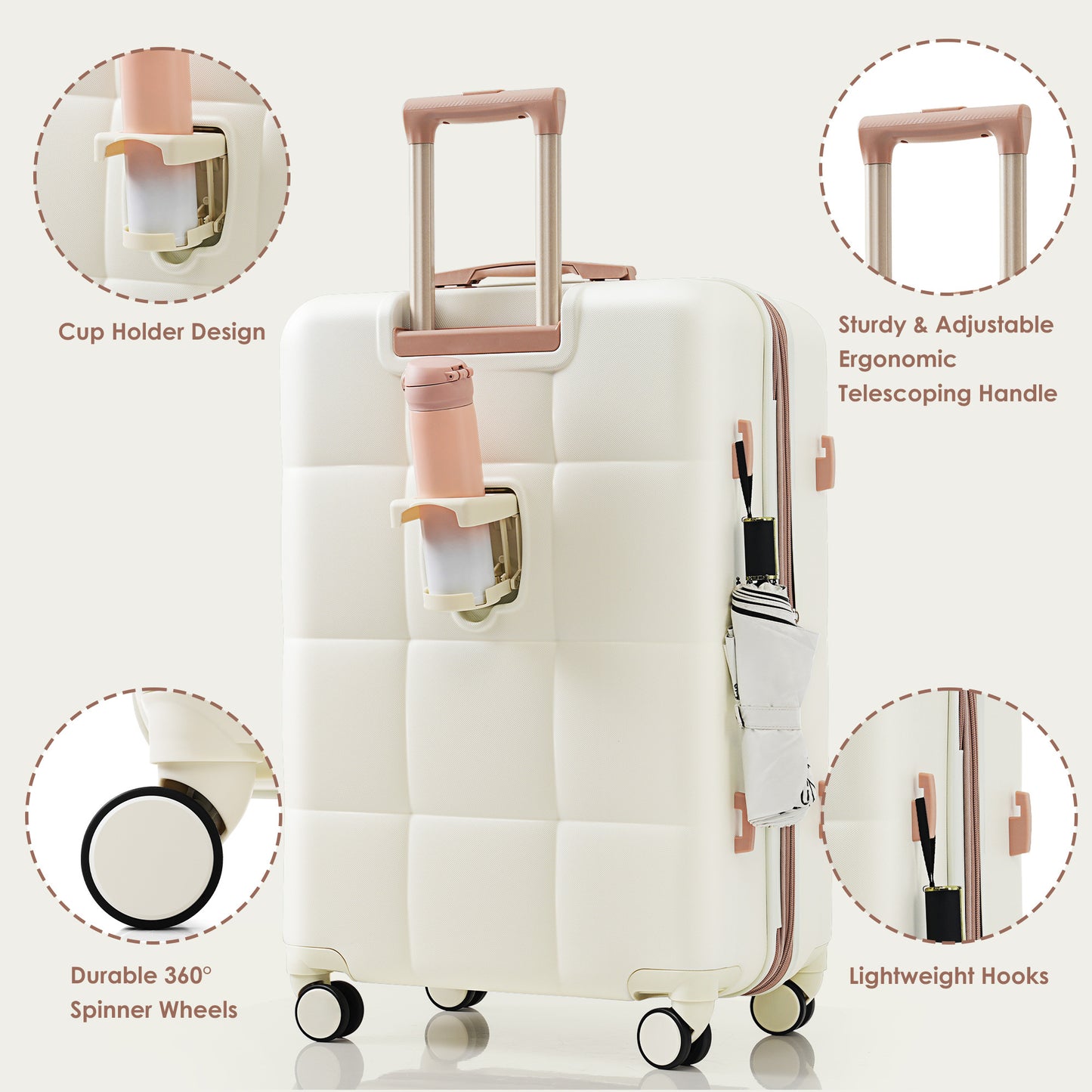 US Local 4-piece Suitcase Set With USB Port, Expandable ABS Durable Suitcase With Travel Bag, Cup Holder, With Spinner Wheels, Beige