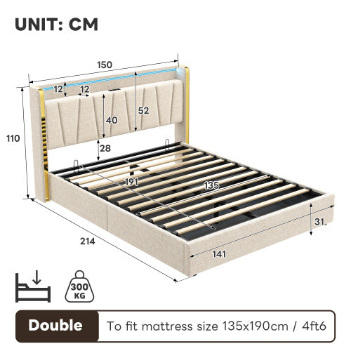 UK Local 4ft6 Double Upholstered Bed Frame With Hydraulic Storage, LED Headboard With Charging Station And Chrome Trim, USB And Type - C Ports, Linen, No Box Spring Needed, Beige