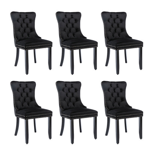 UK Local Modern Set Of 6 Upholstered Velvet Dining Chairs, Button Tufted Kitchen Lounge Chairs With Brushed Wood Legs, Riveted Trim And Knocker Ring, For Dining Room Living Room