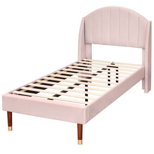 UK Local Upholstered Bed,Single Bed-3ft 90x190cm ,with Slatted Frame And Headboard, Youth Bed, Wooden Slatted Support, Easy Assembly, Velvet, Pink